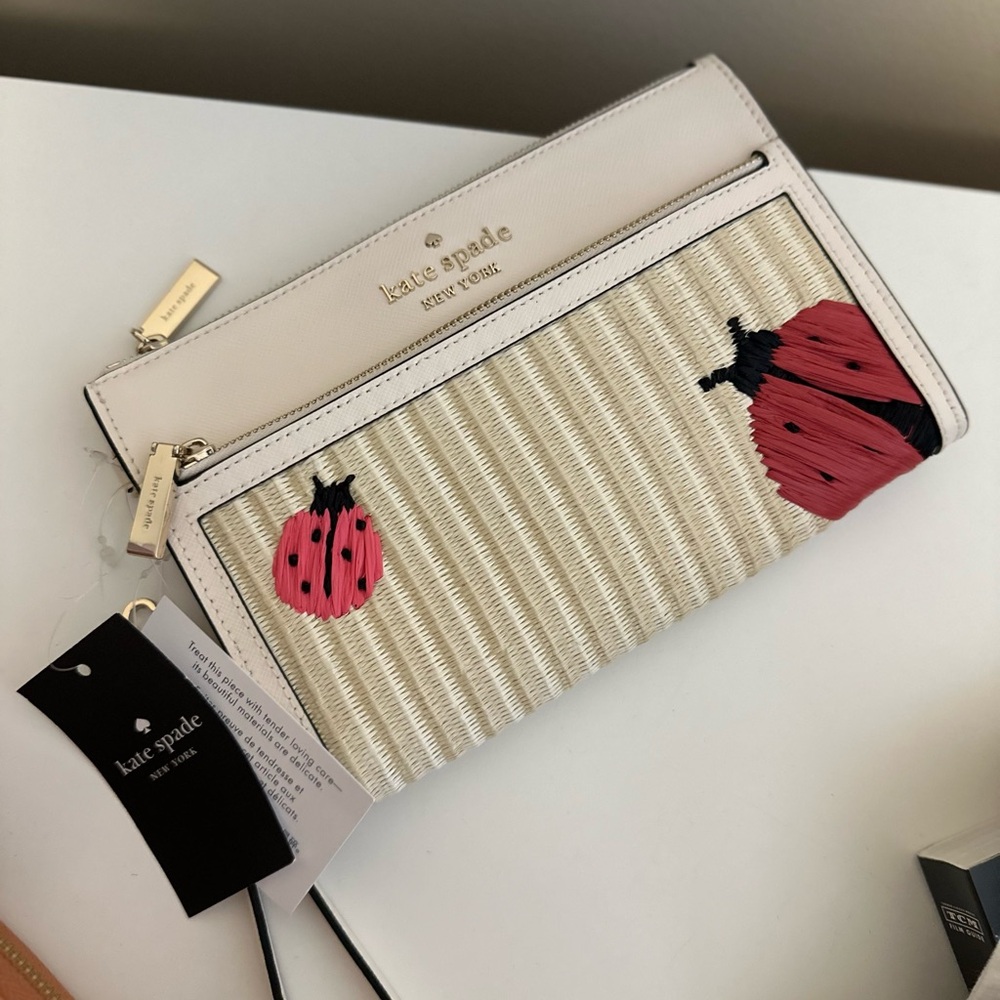 Kate Spade Dottie Embroidered Ladybug Straw Purse